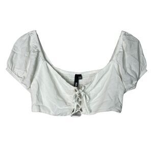 G Womens Lace-Up Cropped Top Off Shoulder Smocked Back White XS